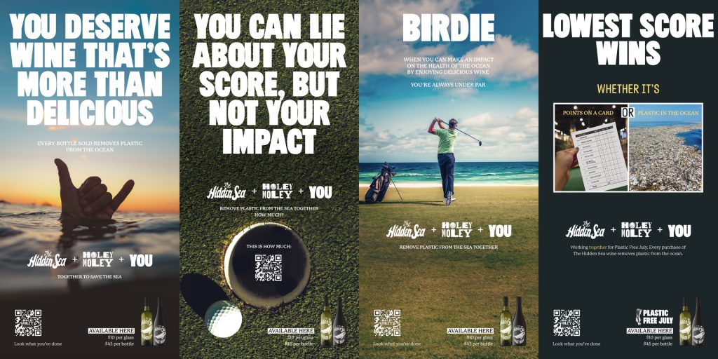 Four vertical social ads for The Hidden Sea and Holey Moley partnership, using golf-themed messages to promote wine sales that remove ocean plastic. The designs feature bold headlines, ocean and golf course imagery, QR codes, product bottles, “Available Here” pricing, and campaign logos including Plastic Free July.