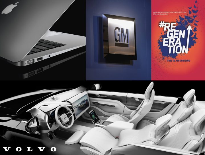 Collage of brand and design work featuring a close-up Apple Macbook Air laptop, illuminated GM wall signage, a bold “Regeneration” movie poster, and a sleek white Volvo concept car interior.