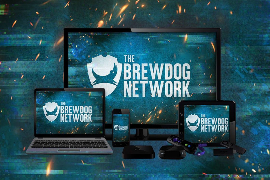 BrewDog Network promotional image showing the channel logo displayed across a TV, laptop, tablet, phone, and streaming devices against a blue digital background with sparks.