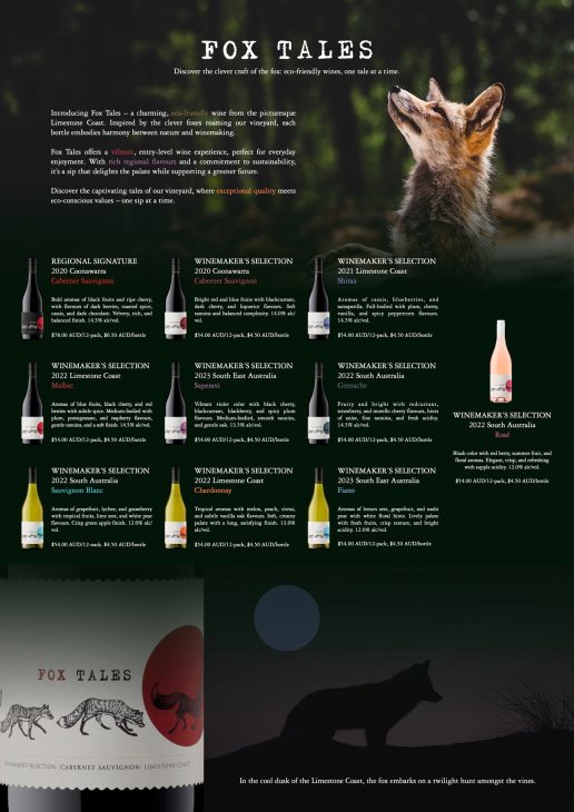 Fox Tales wine brand page featuring a fox in a forest, eco-friendly brand messaging, a range of red, white, and rosé wine bottles with tasting notes and pricing, plus close-up label artwork and a silhouetted fox scene at dusk.