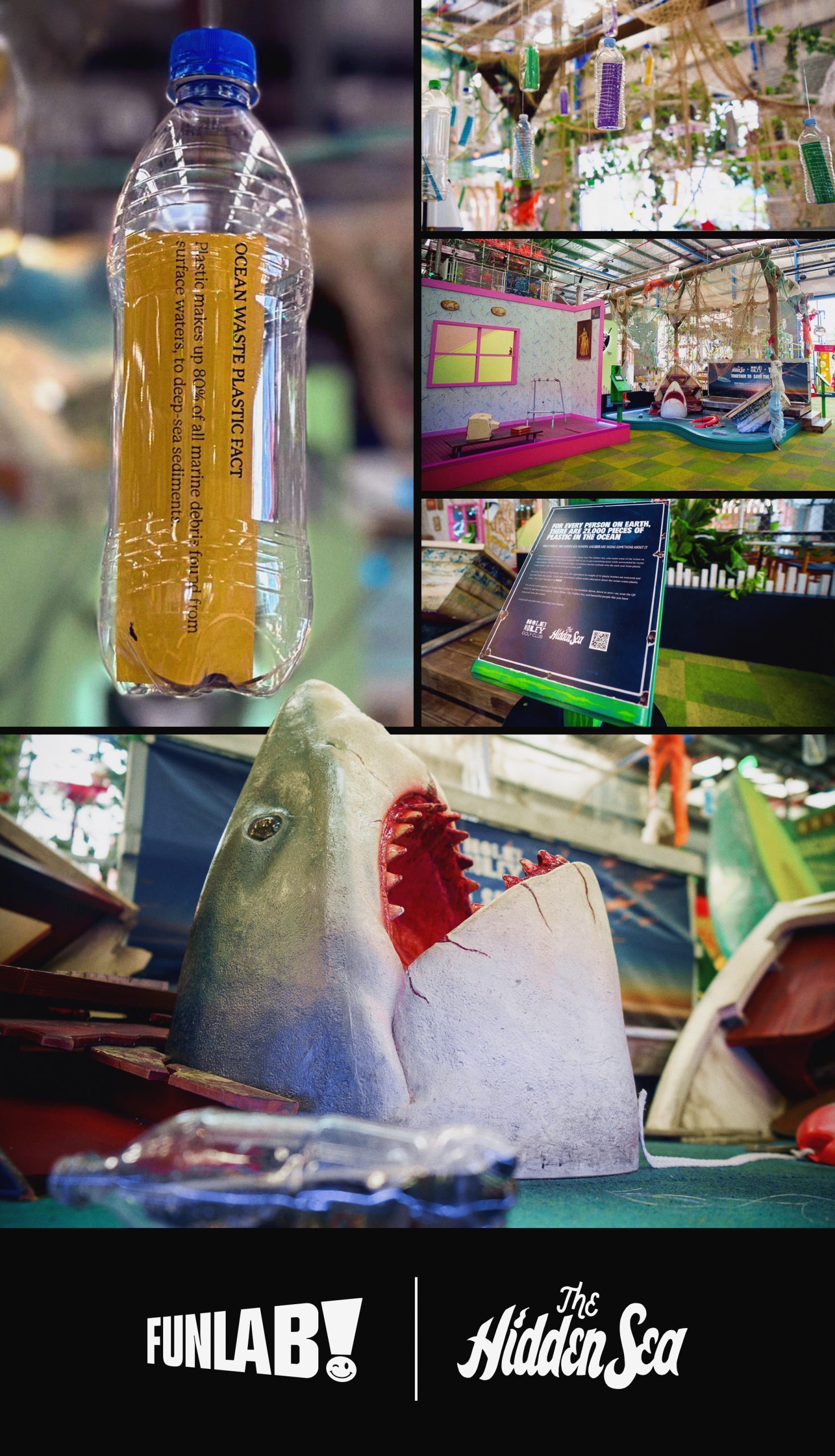 Collage of a Funlab and The Hidden Sea collaboration at a Holey Moley mini golf venue. Images show an ocean-plastic-themed course with hanging plastic bottles, fishing nets, a shark prop, broken boat pieces, and informational signage about marine plastic pollution. The bottom panel displays the Funlab and The Hidden Sea logos side by side.