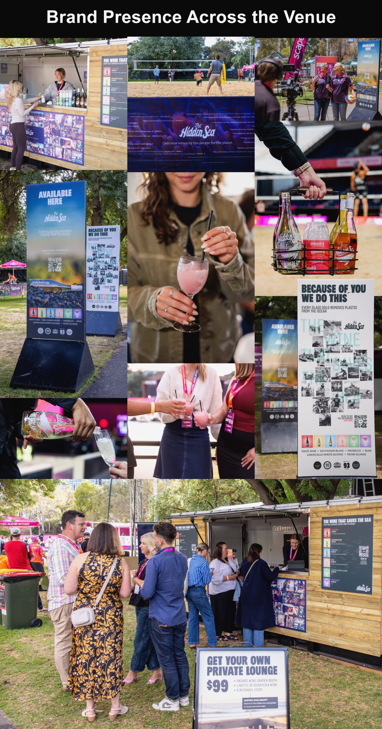 Collage showing The Hidden Sea’s brand presence at a beach volleyball event, including a branded drinks booth, menu boards, “Available Here” signage, wine and cocktail service, event coverage, volleyball courts, and guests enjoying drinks around the venue.