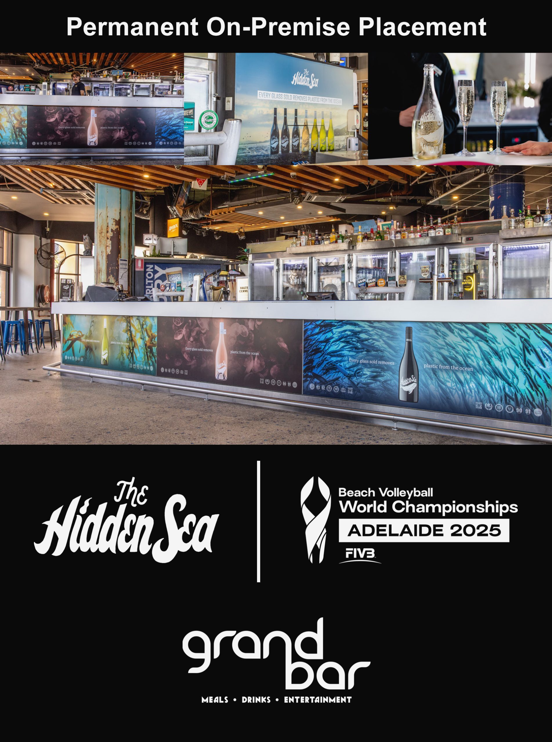 Collage showing The Hidden Sea’s permanent on-premise branding at Grand Bar for the Beach Volleyball World Championships Adelaide 2025, including branded bar-front panels, wine displays, ocean-themed graphics, and partner logos for The Hidden Sea, the championships, and Grand Bar.