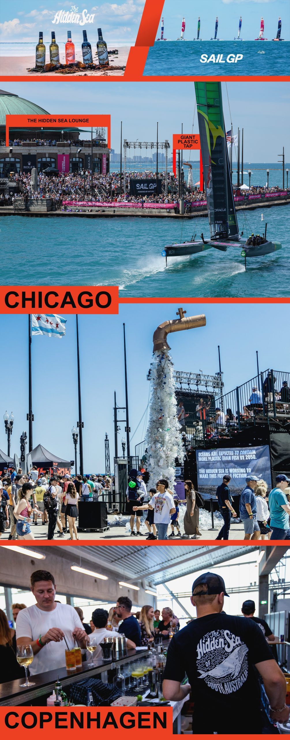 Vertical collage of The Hidden Sea’s SailGP event activations in Chicago, Copenhagen, and Plymouth. The images show branded wine displays, sailing races, waterfront lounge and bar areas, crowds at event booths, ocean-plastic awareness installations, and bottles of The Hidden Sea wine with SailGP reserved signage.