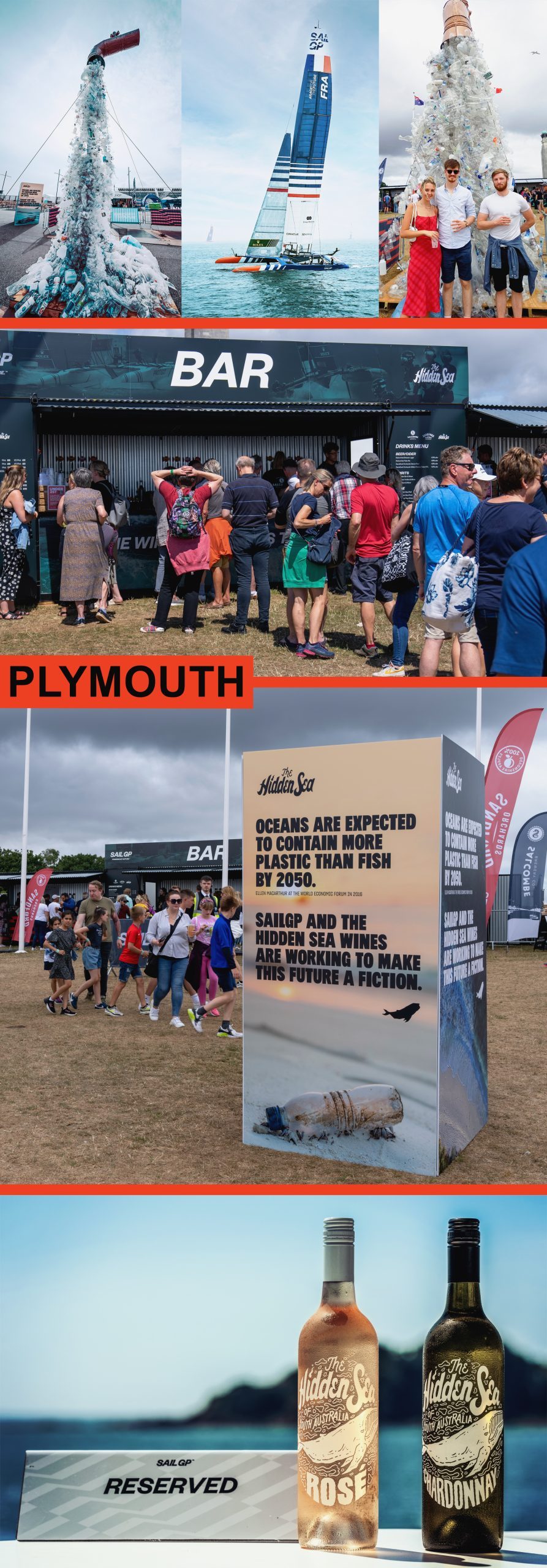 Vertical collage of The Hidden Sea’s SailGP event activations in Chicago, Copenhagen, and Plymouth. The images show branded wine displays, sailing races, waterfront lounge and bar areas, crowds at event booths, ocean-plastic awareness installations, and bottles of The Hidden Sea wine with SailGP reserved signage.