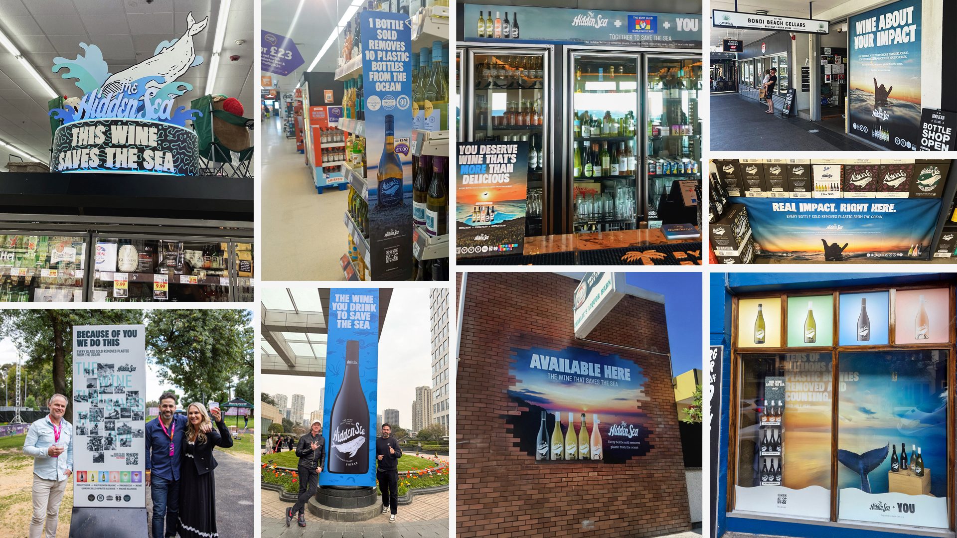 Collage of The Hidden Sea wine off-premise retail activations, including bottle displays, shelf talkers, store posters, window signage, exterior murals, retail coolers, and point-of-sale messaging about removing plastic bottles from the ocean.