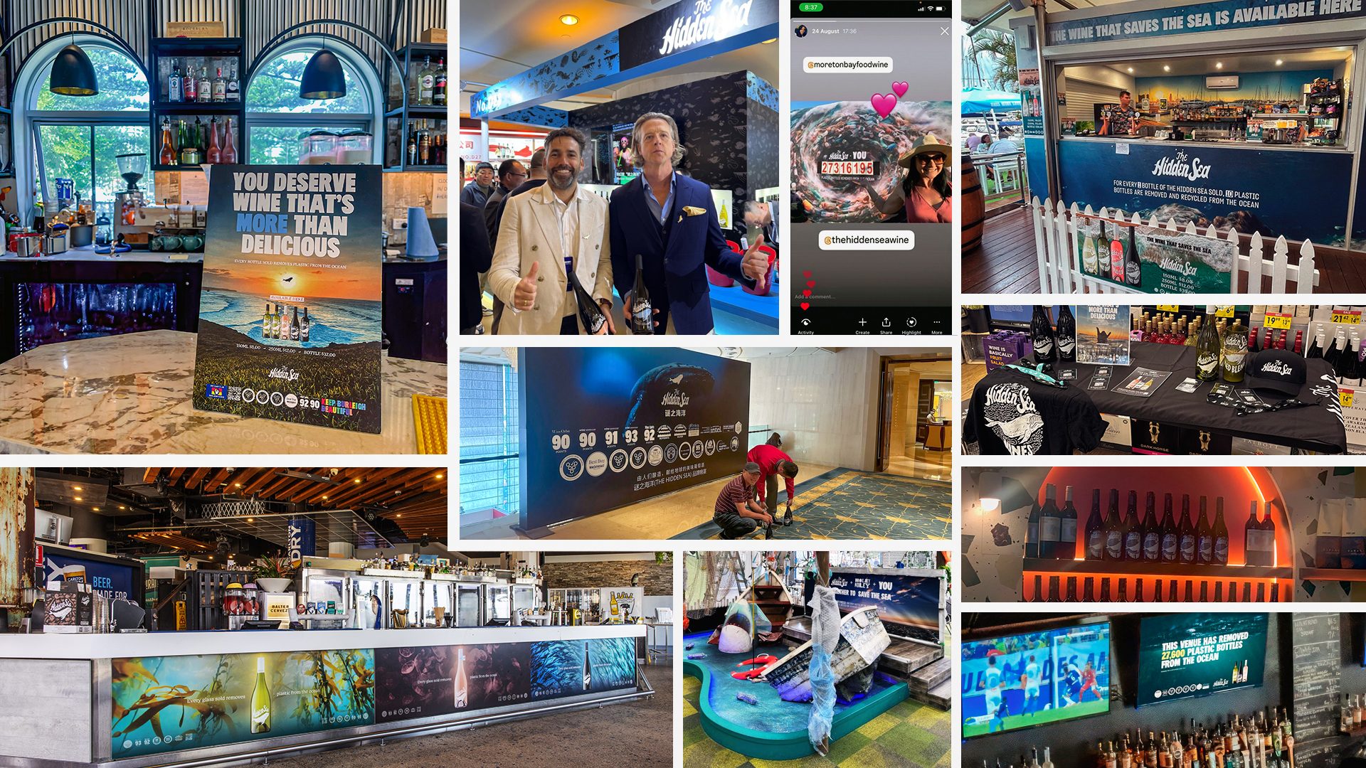 Collage of The Hidden Sea wine on-premise brand activations, including bar posters, venue signage, tasting tables, event displays, social media moments, branded merchandise, and ocean-plastic impact messaging.