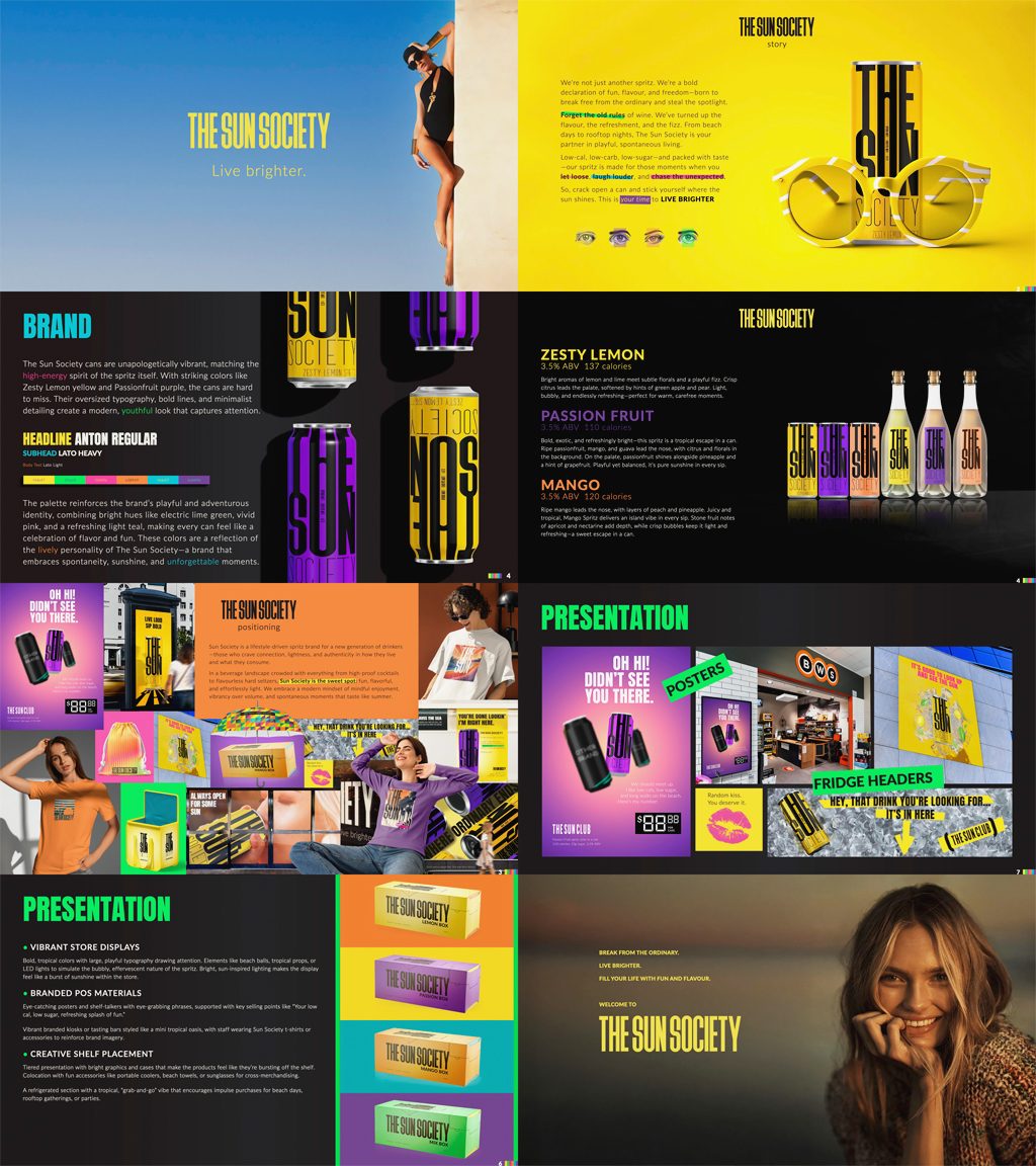 Branding presentation collage for “The Sun Society,” a vibrant canned spritz drink concept. The image shows multiple campaign and brand guideline slides in a grid, using bold yellow, purple, orange, teal, and black. Featured visuals include slim beverage cans, glass bottles, flavor descriptions, packaging boxes, retail posters, outdoor signage, merchandise, and lifestyle photography of smiling women. Large headlines include “Live brighter,” “Presentation,” and “Welcome to The Sun Society,” creating a sunny, playful, high-energy brand identity.
